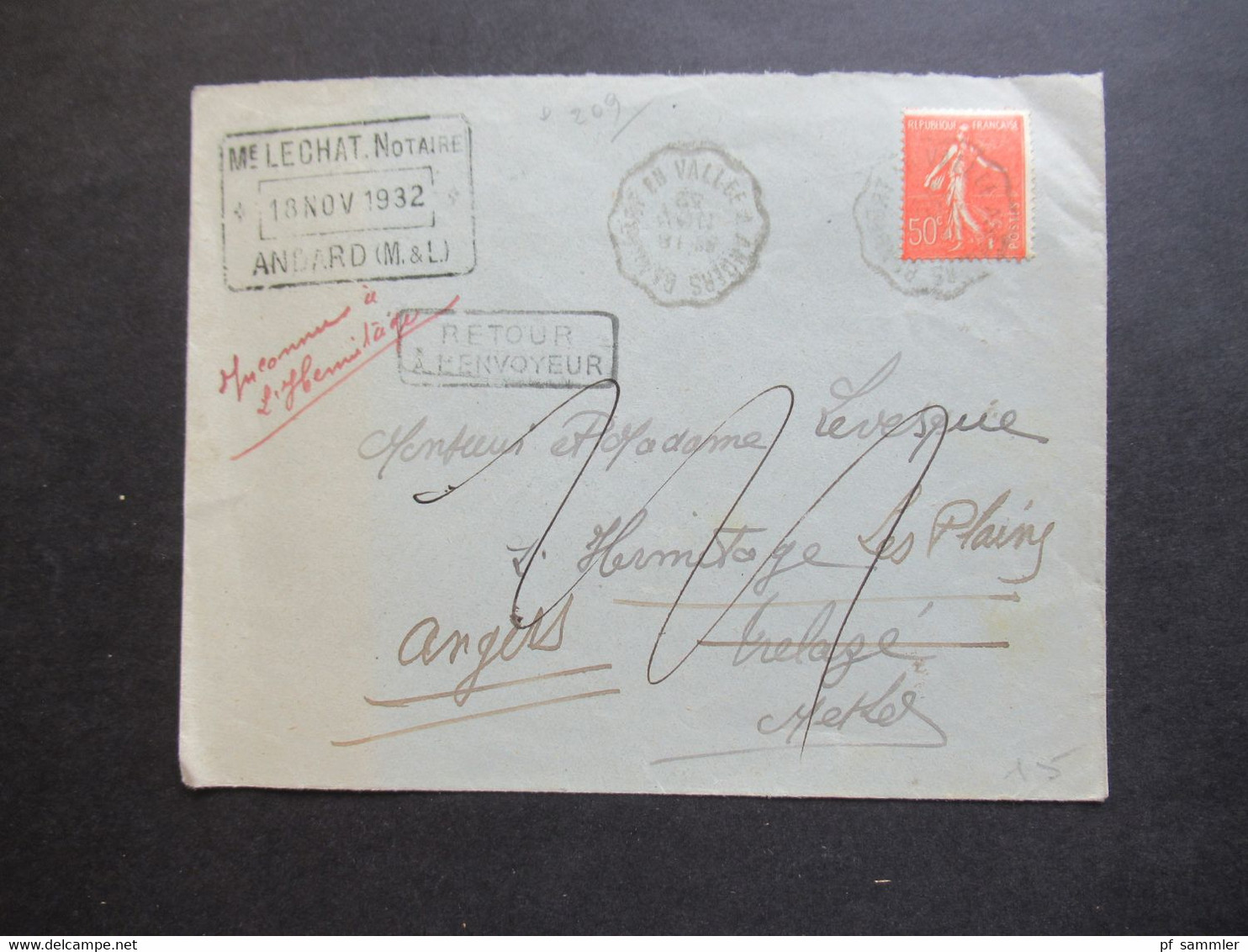 Frankreich 1932 Säerin EF Bahnpost Stempel Und Stempel Retour A L'Envoyeur Mit Handschriftlichen Vermerken! - 1903-60 Säerin, Untergrund Schraffiert