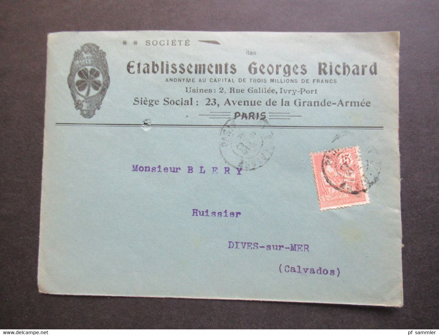 Frankreich 1903 Allegorie EF Dekorativer Umschlag Kleeblatt Societe Etablissements Georges Richard Paris Siege Social - Lettres & Documents