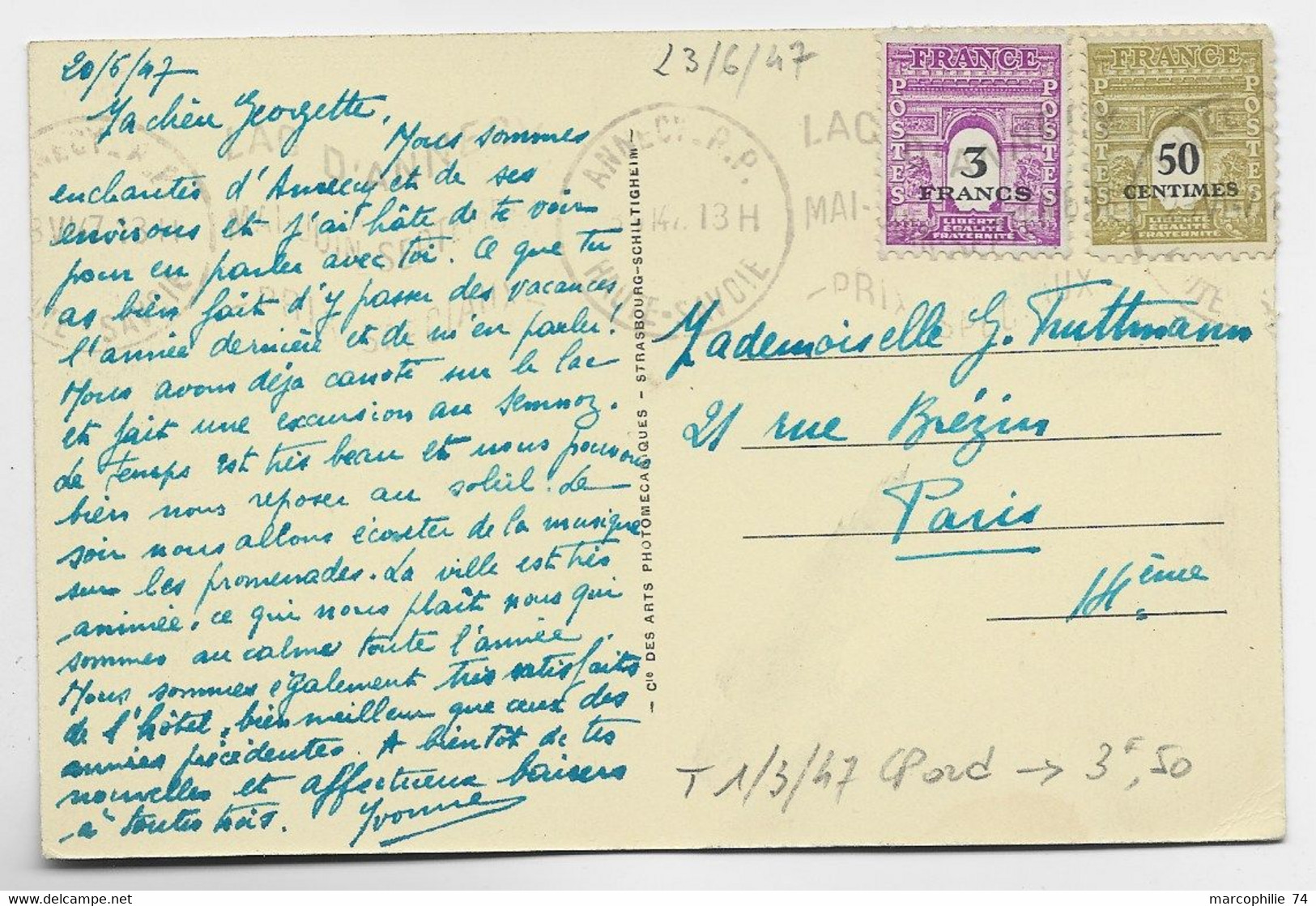 ARC TRIOMPHE 3FR+50C CARTE ANNECY RP 23.VI.1947 AU TARIF - 1944-45 Arco Del Triunfo