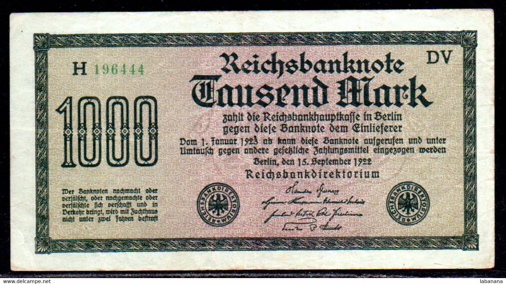 659-Allemagne 1000m 1922DV H196 - 1.000 Mark