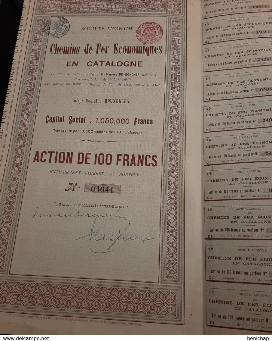 S.A. De Chemins De Fer Economiques En Catalogne - Action De 100 Frs - Bruxelles 1905. - Spoorwegen En Trams