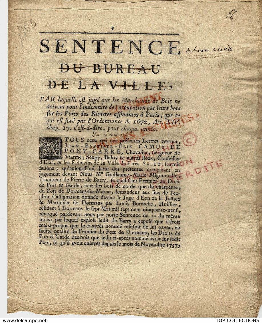1763 MARCHANDS DE BOIS INDEMNITES  SENTENCE CONCERNANT LES PORTS DES RIVIERES AFFLUANTES DE PARIS  PARIS B.E.V.SCANS - Documents Historiques