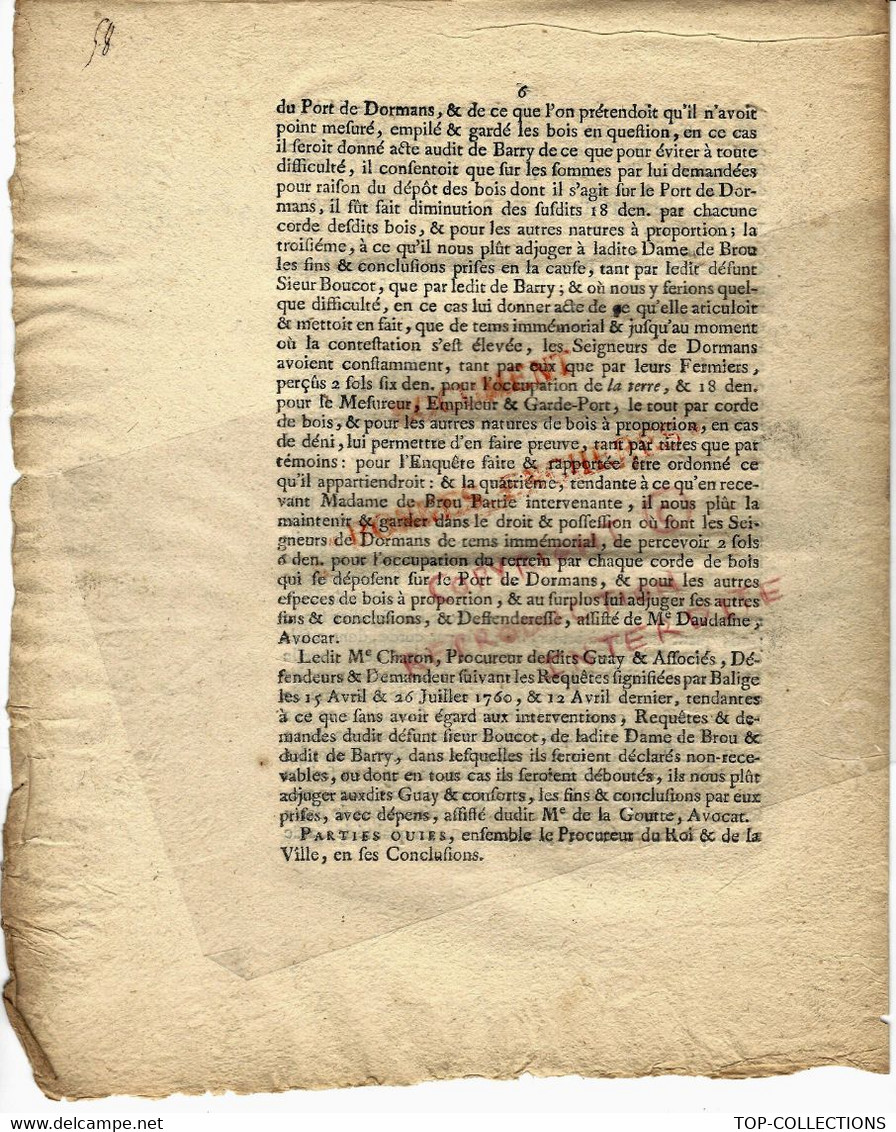 1763 MARCHANDS DE BOIS INDEMNITES  SENTENCE CONCERNANT LES PORTS DES RIVIERES AFFLUANTES DE PARIS  PARIS B.E.V.SCANS - Historische Documenten