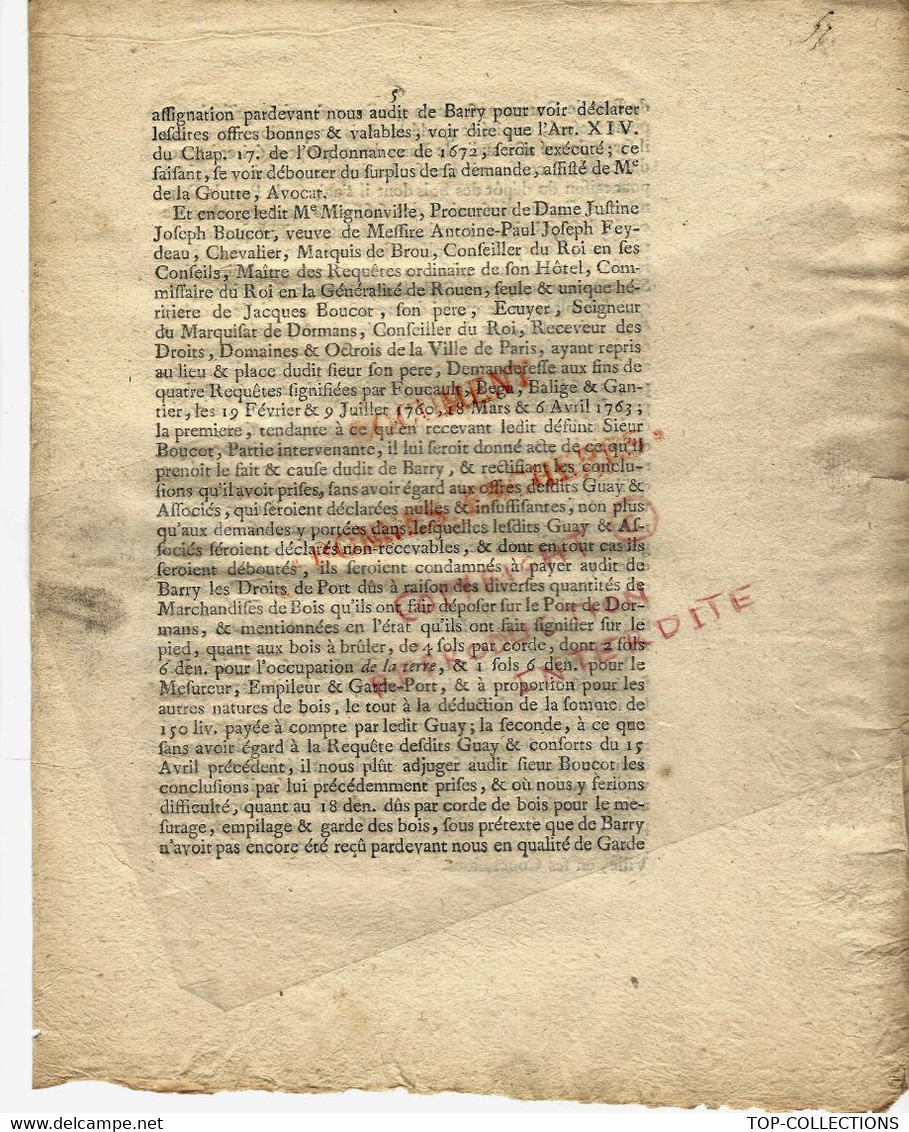 1763 MARCHANDS DE BOIS INDEMNITES  SENTENCE CONCERNANT LES PORTS DES RIVIERES AFFLUANTES DE PARIS  PARIS B.E.V.SCANS - Historische Documenten