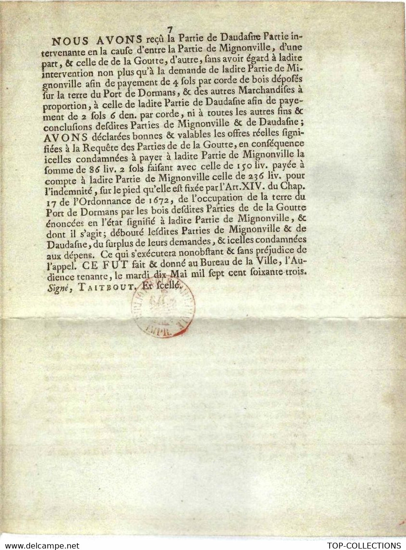 1763 MARCHANDS DE BOIS INDEMNITES  SENTENCE CONCERNANT LES PORTS DES RIVIERES AFFLUANTES DE PARIS  PARIS B.E.V.SCANS - Historische Documenten