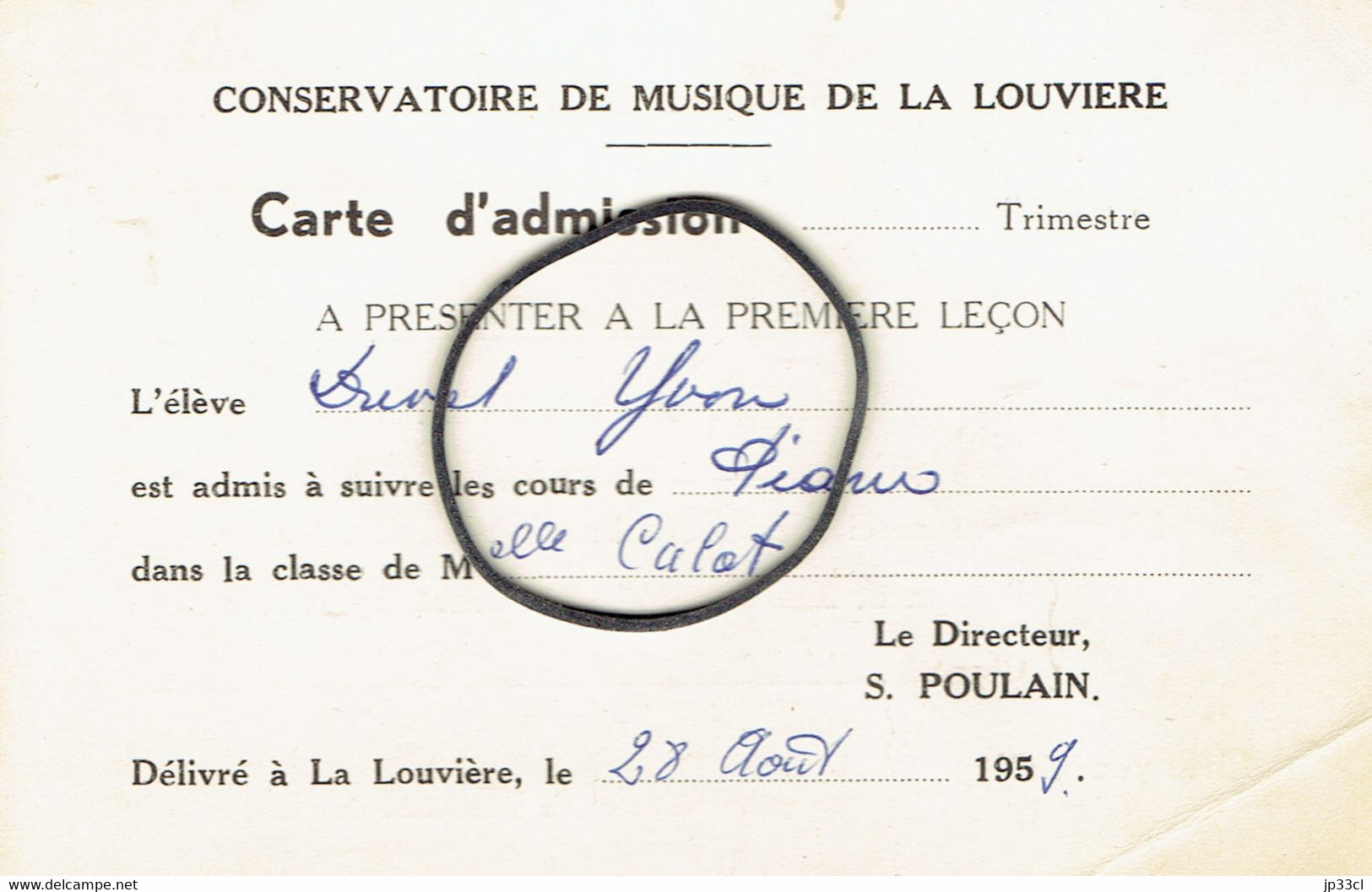 Carte D'admission Au Conservatoire De Musique De La Louvière (1959, Directeur Simon Poulain) - Ohne Zuordnung
