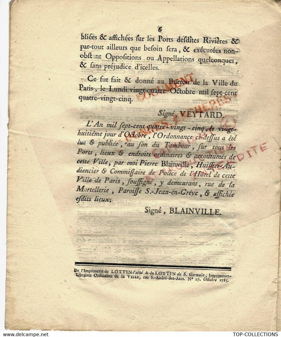 1785 ORDONNANCE REGLEMENTATION CORPORATION VOITURIERS  PAR EAU SEINE OISE ET SEINE PARIS APPROVISIONNEMENT B.E.V.SCANS - Historical Documents