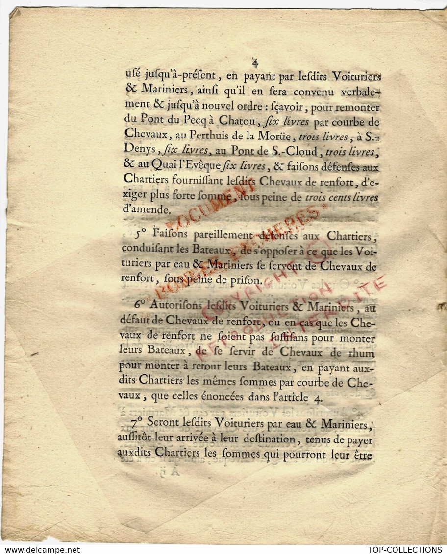 1785 ORDONNANCE REGLEMENTATION CORPORATION VOITURIERS  PAR EAU SEINE OISE ET SEINE PARIS APPROVISIONNEMENT B.E.V.SCANS - Historische Documenten