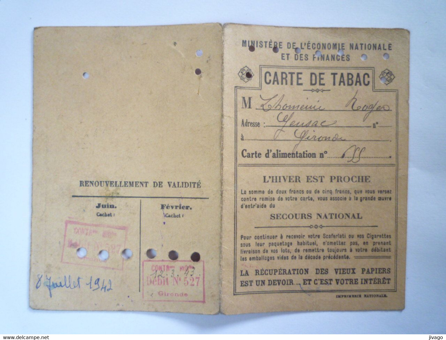 2022 - 2296  RATIONNEMENT  1942  CARTE De TABAC  (Gensac Gironde)   XXX - Non Classés