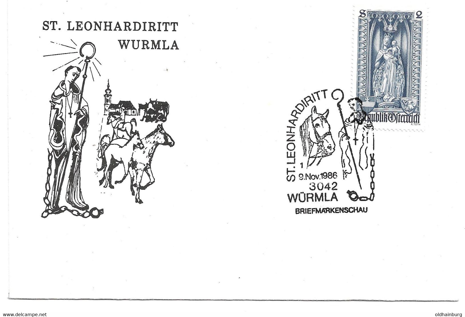 3248m: Beleg 9.11.1986, St. Leonhardiritt 3042 Würmla, Briefmarkenschau, Pferd - Tulln