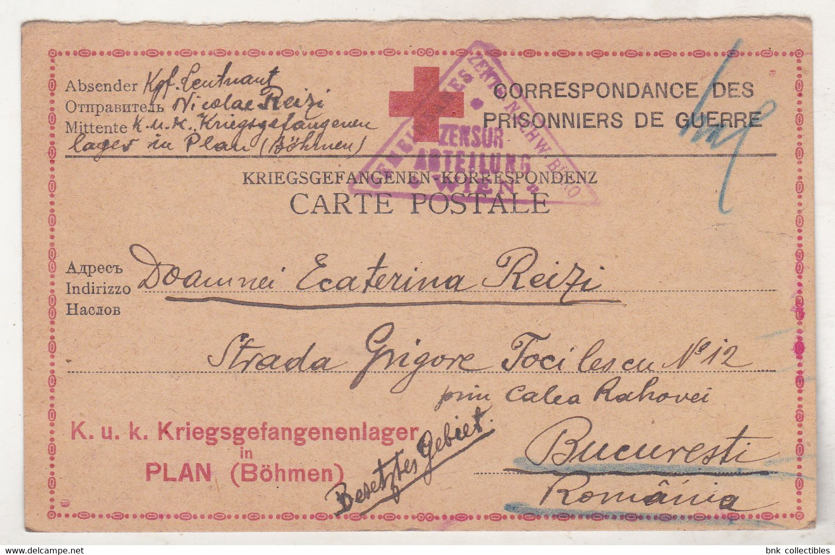 WW I 1917 POW Red Cross Postcard Sended From Plan Bohemia To Bucharest Romania - War 1914-18