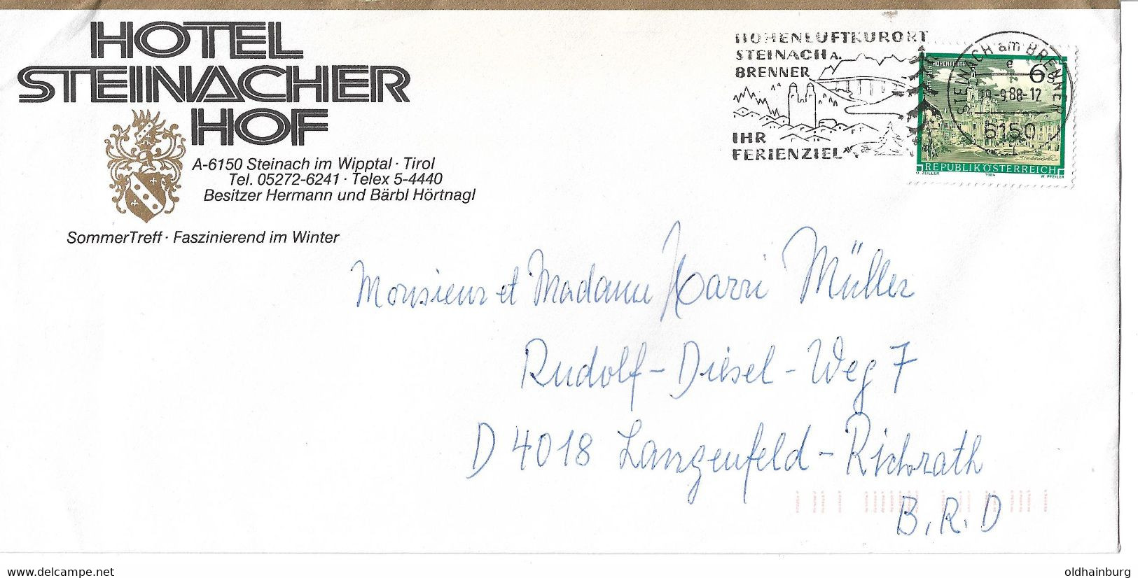 3248o: Beleg Aus 1988, Hotel Steinacher Hof, 6150 Steinach Am Wipptal, Brief Nach D- 4018 Langenfeld- Richrath - Steinach Am Brenner
