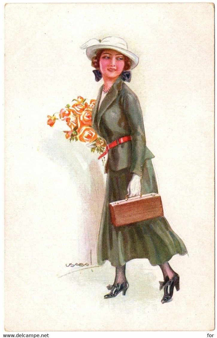 Illustrateur : USABAL : Femme à Chapeau Tenant Une Valise Et Bouquet De Fleurs : Mode Fashion : édition - Erkal N° 316/3 - Usabal