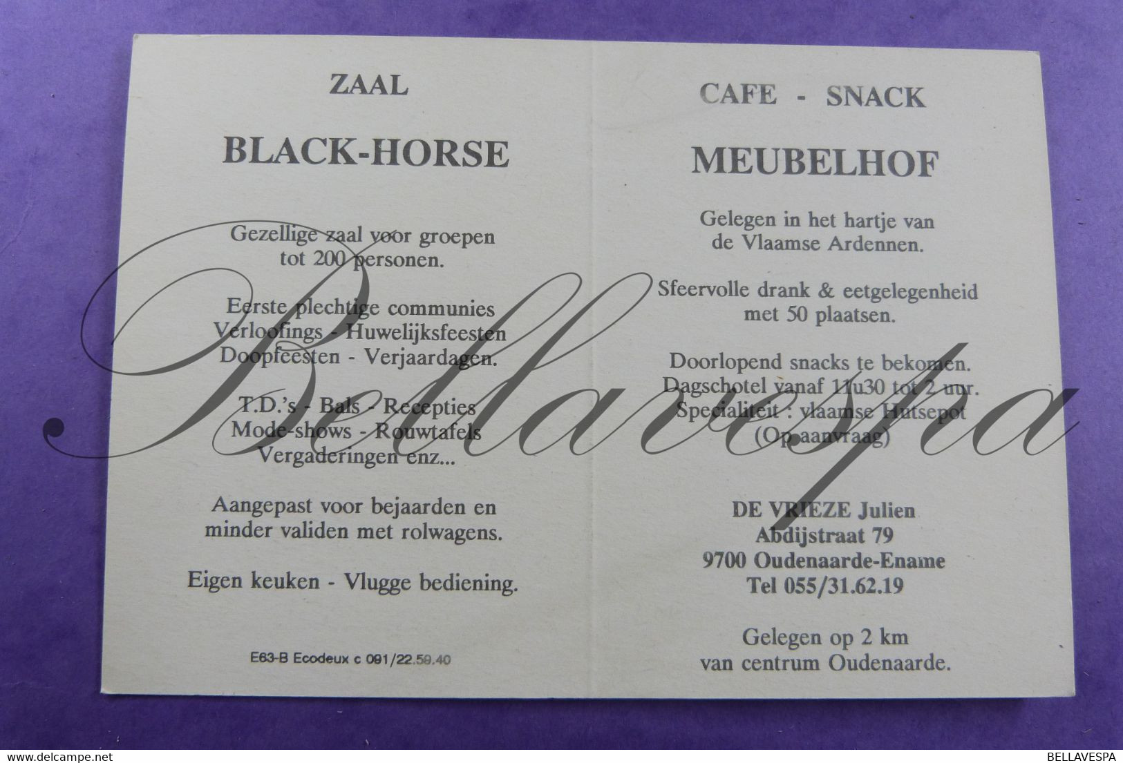 Eename.Oudenaarde Abdijstraat 79,  Zaal Blackhorse Cafe Meubelhof Uitb. De Vriese J. - Oudenaarde