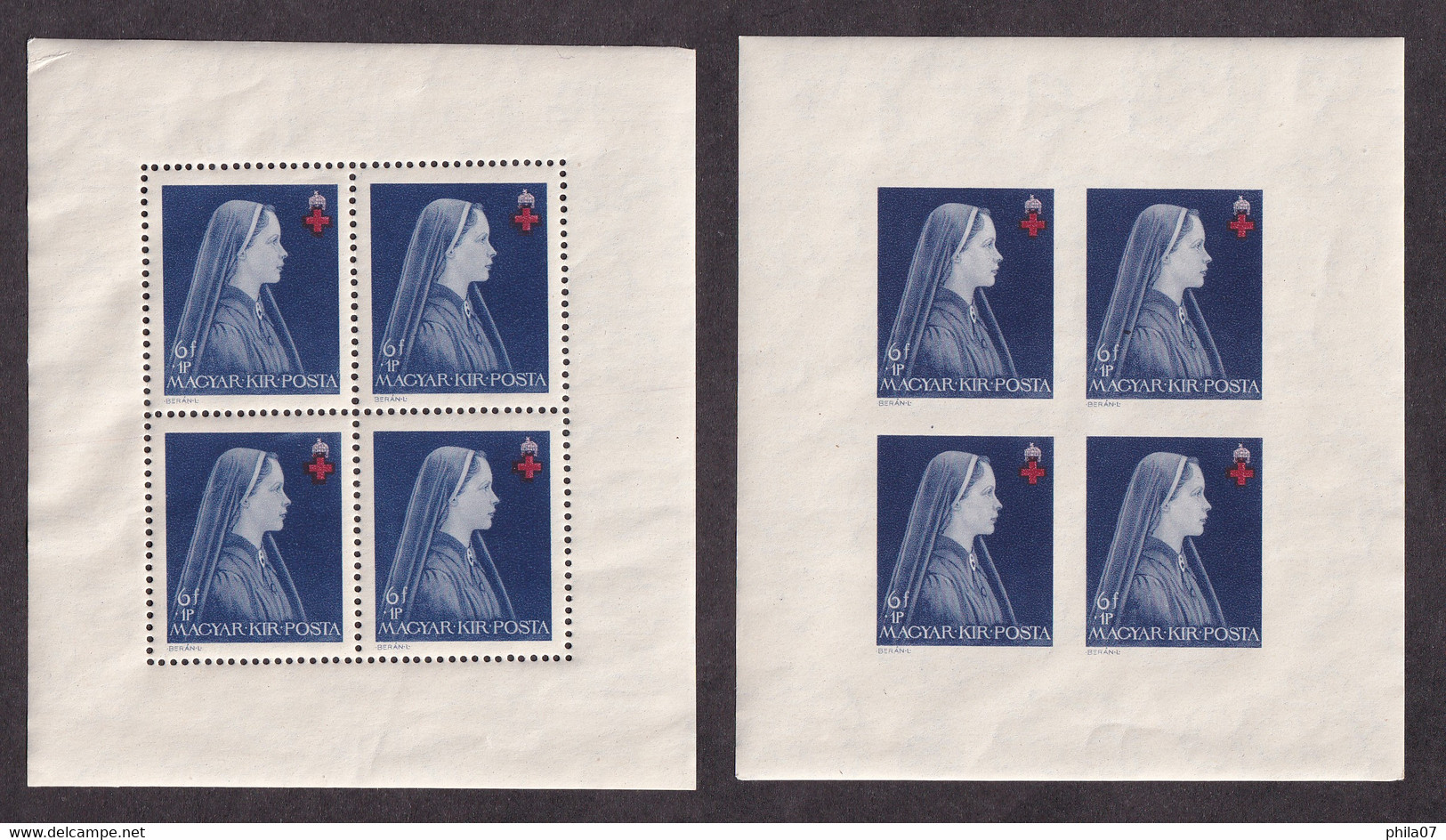 HUNGARY 1942 - Red Cross, Mi.No. 696/698, perforate and imperforate sheets, MNH, some of sheets have trace of being in a
