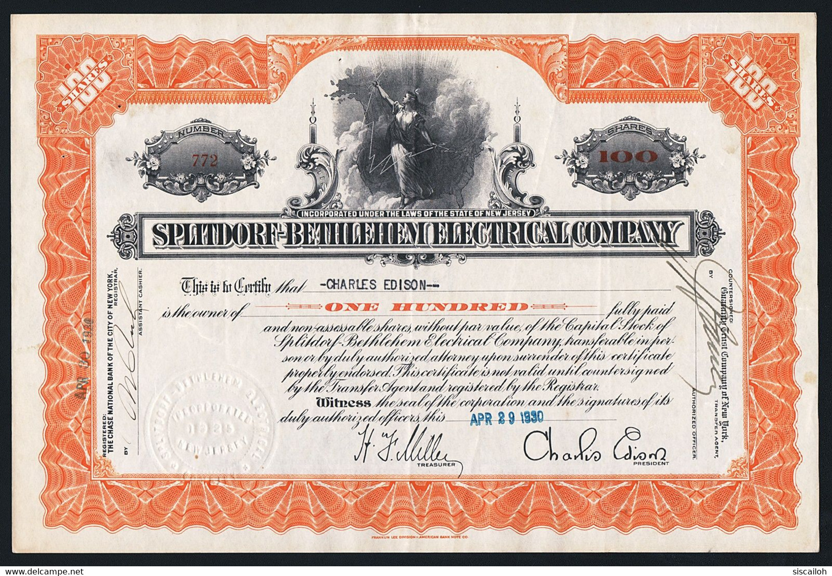 1930 Splitdorf-Bethlehem Electrical Co. - Issued To & Signed By Charles Edison - Elektrizität & Gas