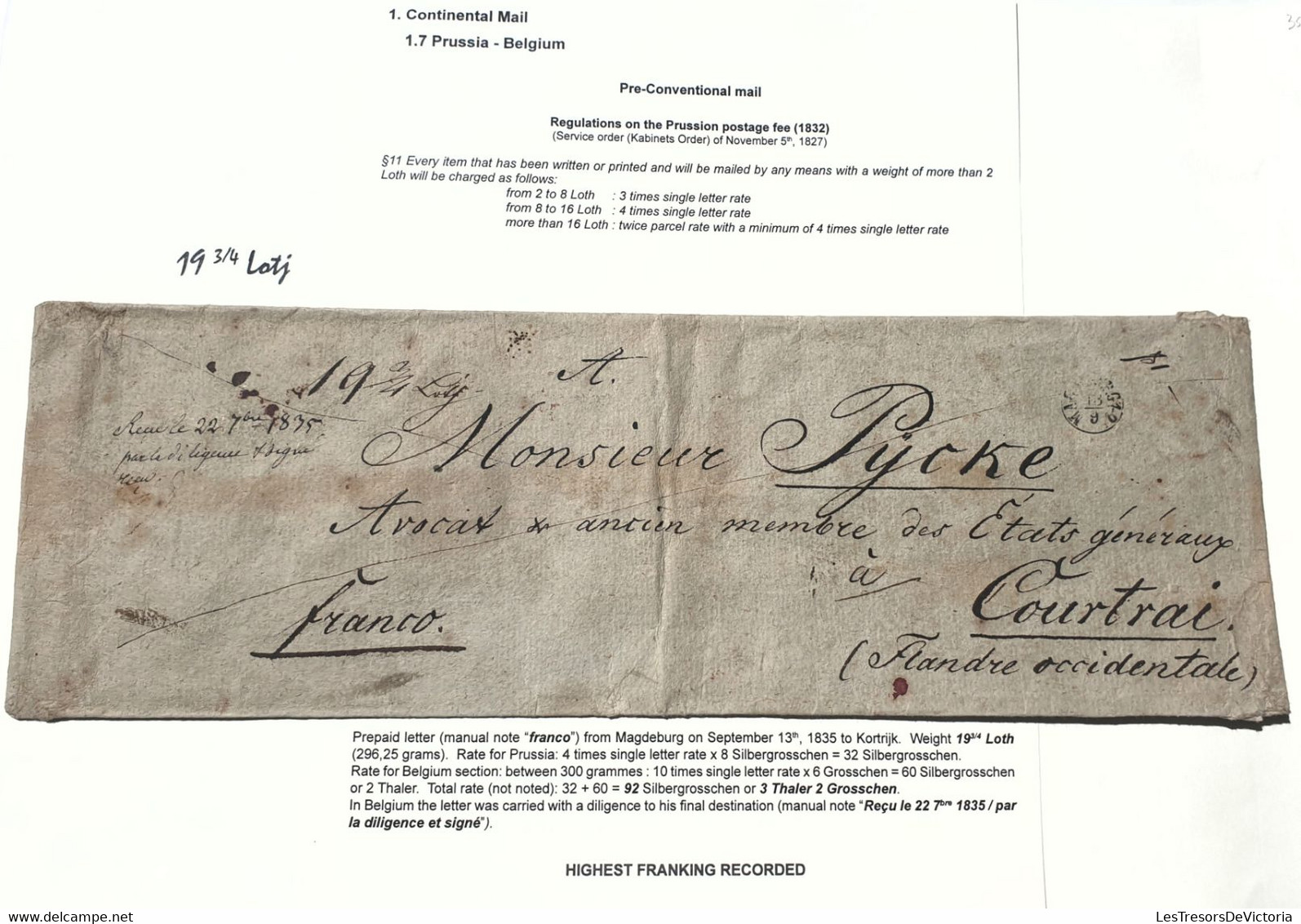 Belgique - Pre Convential Mail - Prussia Belgium - From Magdeburg Sept 1835 To Kortrijk - 36x12cm - Voyagé Par Diligence - 1830-1849 (Belgica Independiente)