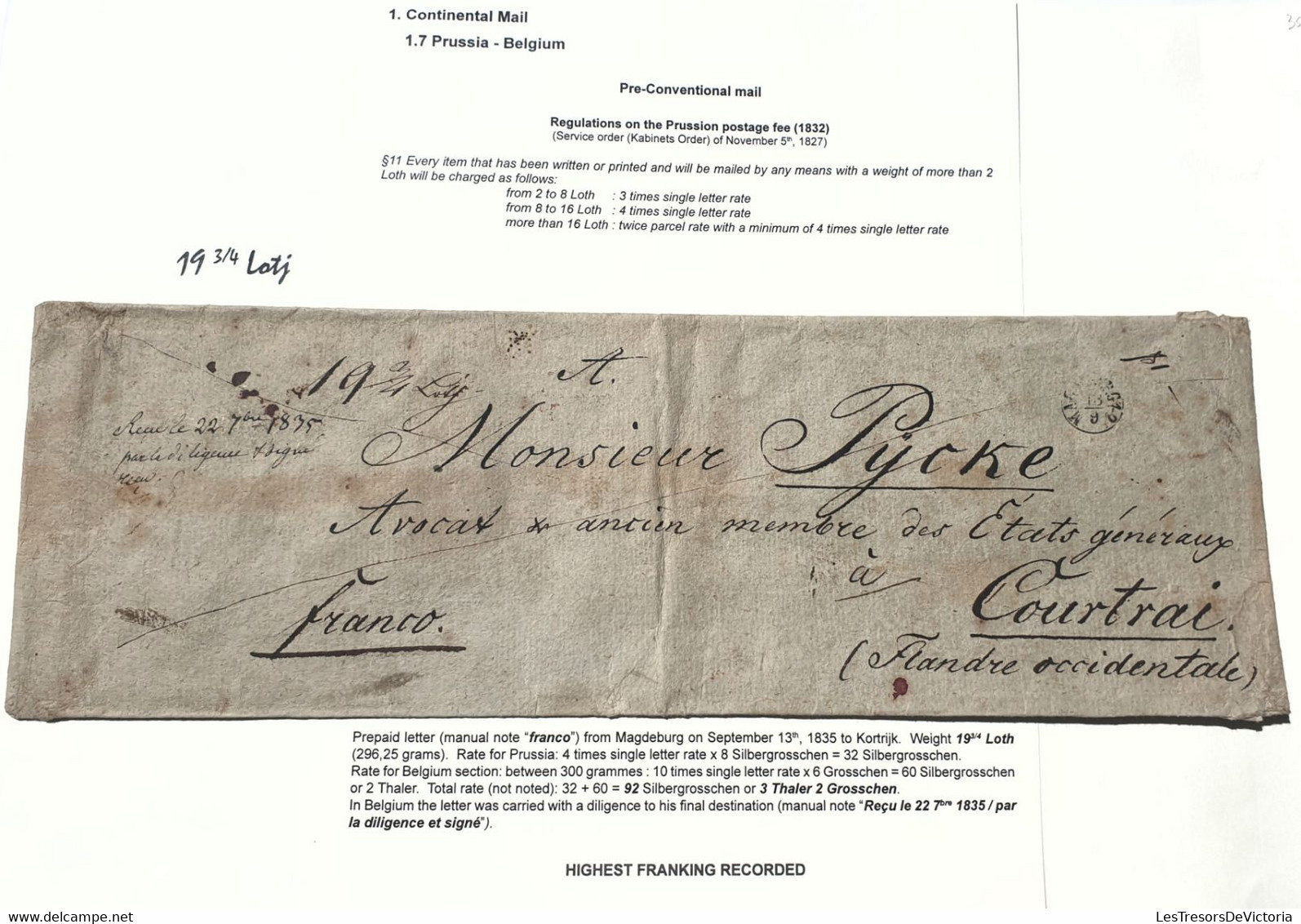 Belgique - Pre Convential Mail - Prussia Belgium - From Magdeburg Sept 1835 To Kortrijk - 36x12cm - Voyagé Par Diligence - 1830-1849 (Belgique Indépendante)