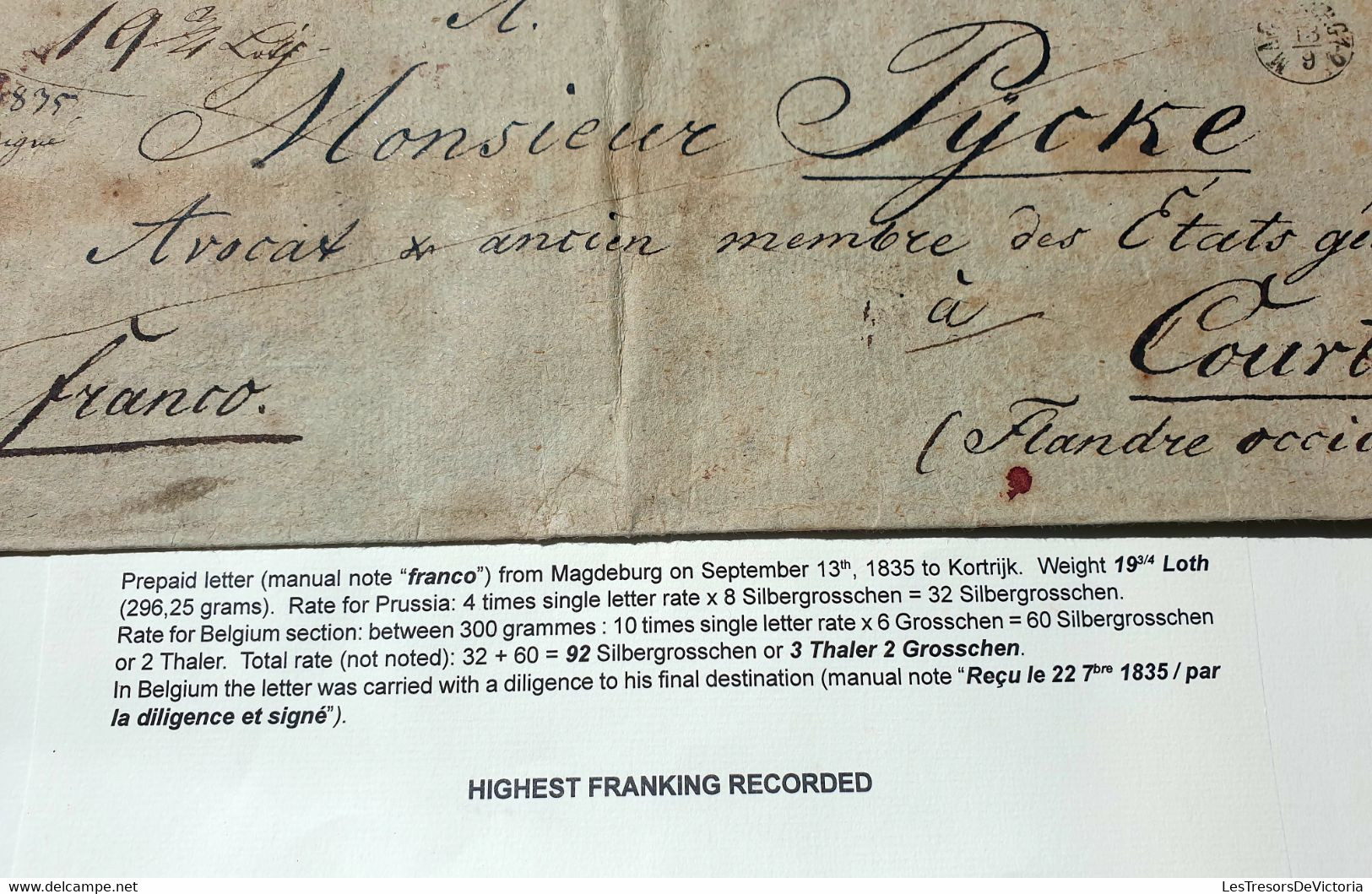 Belgique - Pre Convential Mail - Prussia Belgium - From Magdeburg Sept 1835 To Kortrijk - 36x12cm - Voyagé Par Diligence - 1830-1849 (Onafhankelijk België)