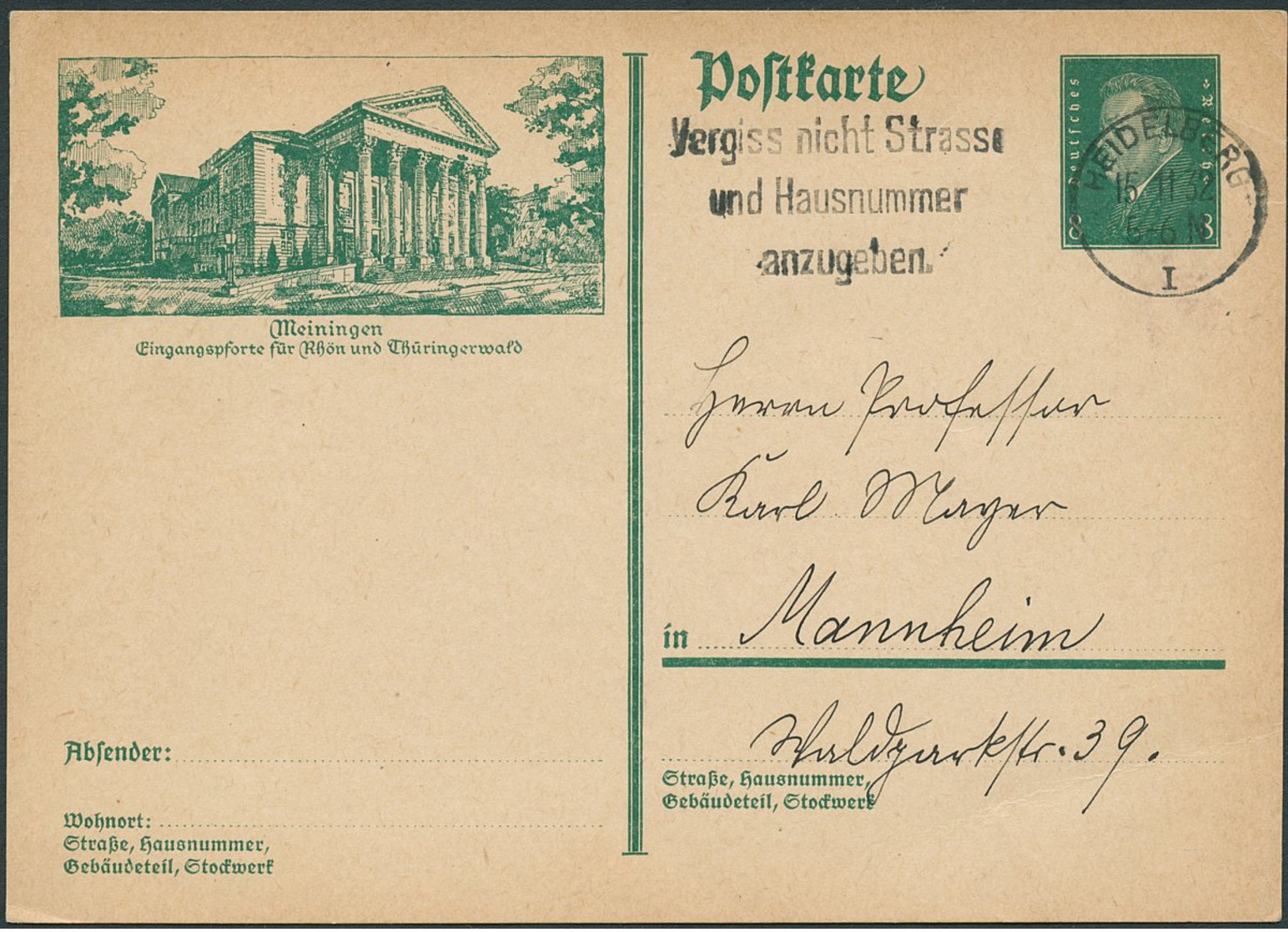 DT.REICH 1932, BILD-PK P 185/06, MEININGEN, STPL-MAS HEIDELBERG, TOPP! - Autres & Non Classés