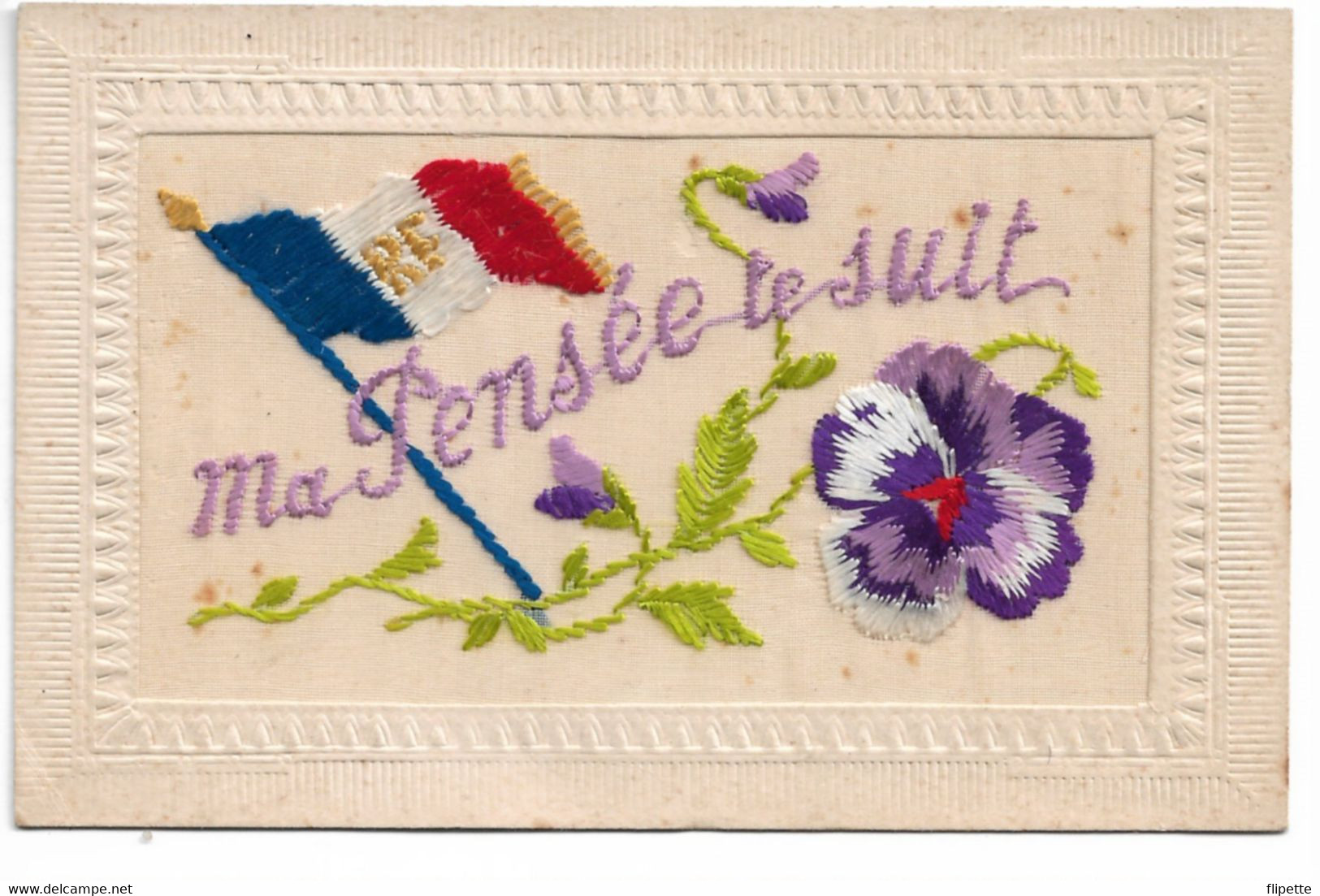 L170B054 - Carte Brodée Sur Toile Fine -"Ma Pensée Te Suit" - Drapeau Tricolore RF  - CM Fabrication France - Bestickt