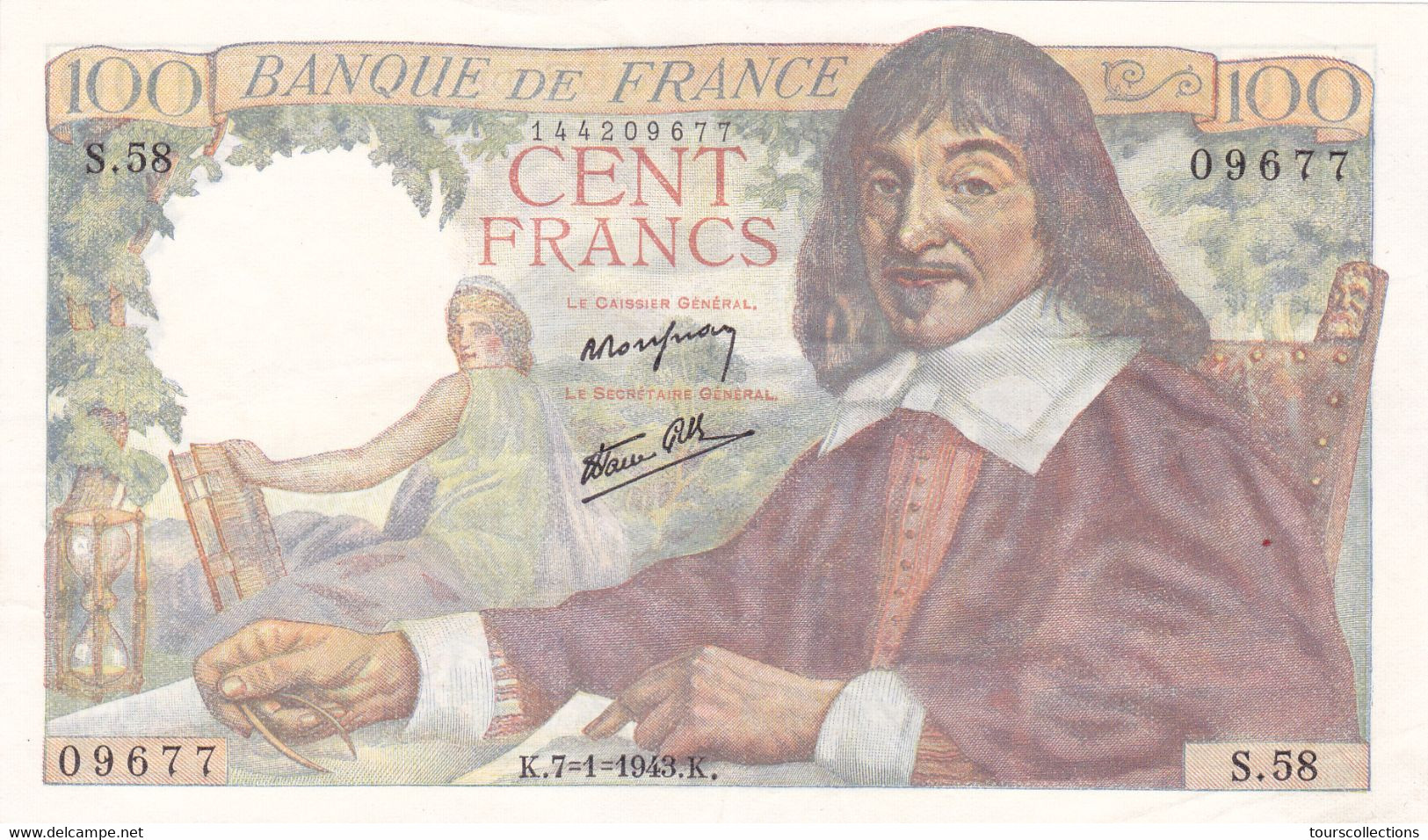 Billet De 100 Francs DESCARTES Du 7 Janvier 1943 état Et Date RARE !!  Alphabet S 58 N° 09677 N° Fayette : F 27 / 3 - 100 F 1942-1944 ''Descartes''