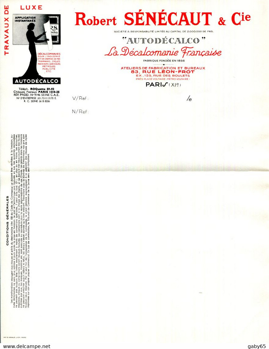 FACTURE.PARIS.AUTODECALCO.LA DECALCOMANIE FRANÇAISE.ROBERT SENECAUT & Cie.83 RUE LEON FROT. - Automobile