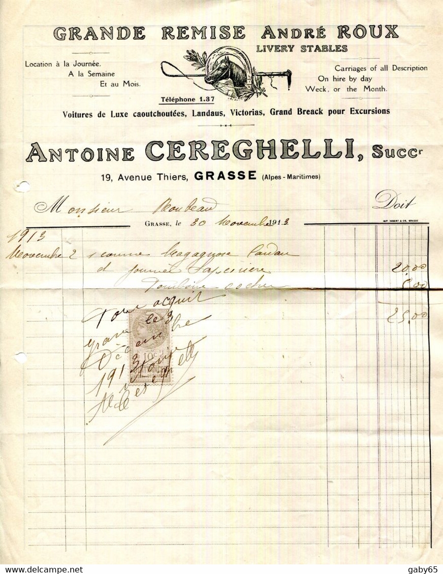 FACTURE.06.GRASSE.VOITURES DE LUXE.LANDAUS.VICTORIAS.BREACK.GRANDE REMISE.ANTOINE CEREGHELLI 19 AVENUE THIERS. - Verkehr & Transport