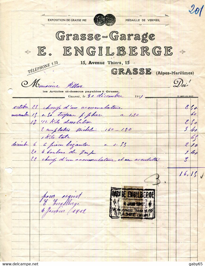 FACTURE.06.GRASSE.GARAGE ENGILBERGE 15 AVENUE THIERS. - Cars