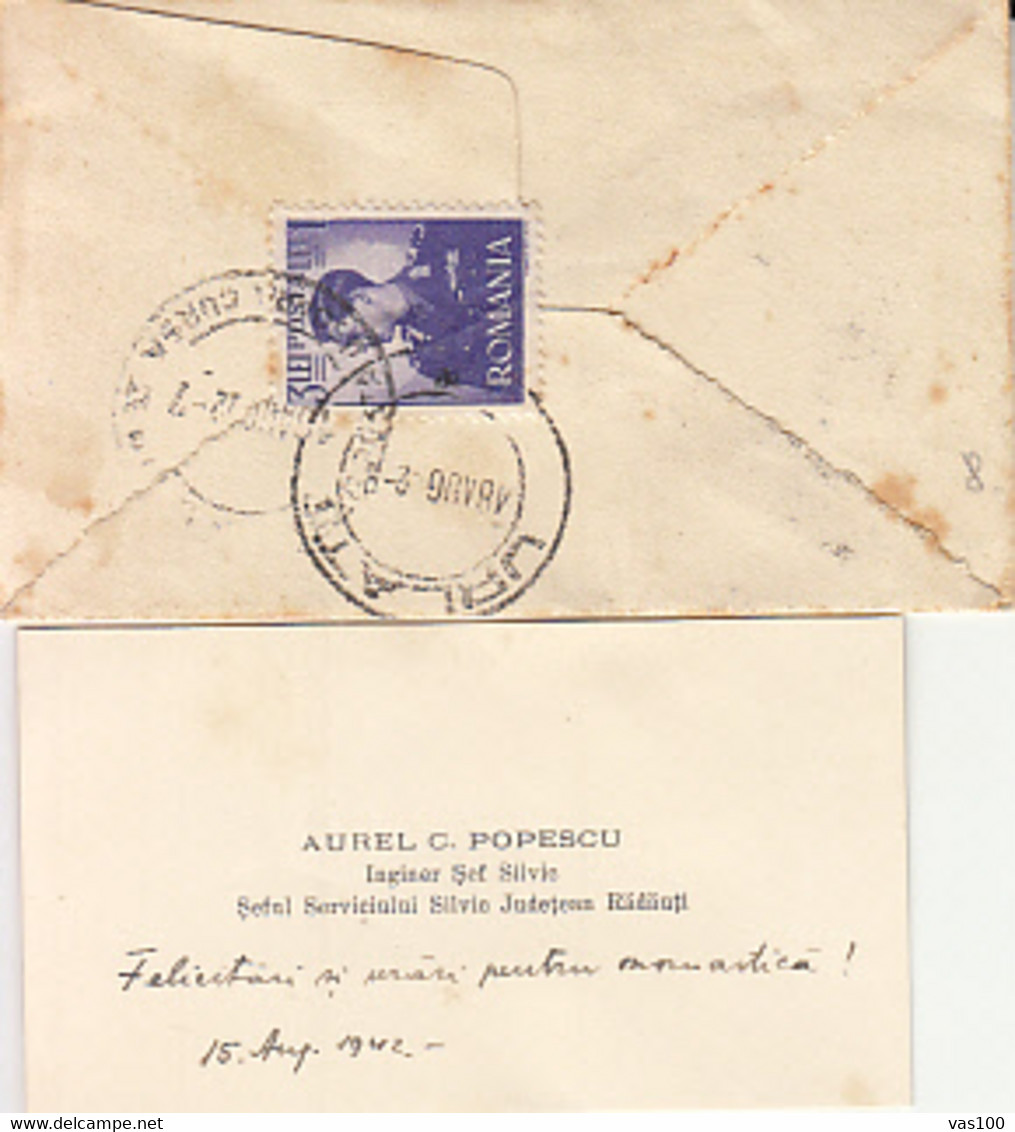 KING MICHAEL STAMP, CENSORED RADAUTI NR 1, WW2, LILIPUT COVER WITH BUSINESS CARD, 1942, ROMANIA - 2de Wereldoorlog (Brieven)