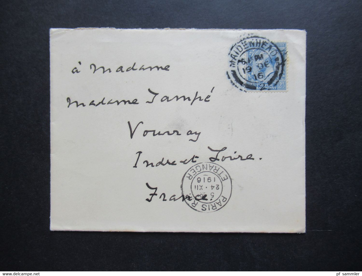 GB 1916 Stempel Maidenhead über Paris Nach Vourvay Rückseitig Aufkleber Mit Wappen / Adler Foy Pour Devoir - Covers & Documents