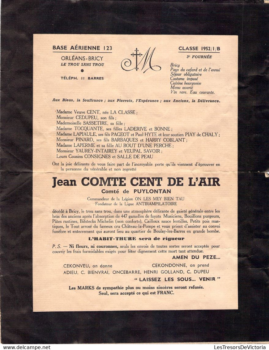 Faire Part De Déces Humour - Jean Comte Cent De L'air - Base Aérienne 123 - Franchise Militaire - Prière Du Soldat - Todesanzeige