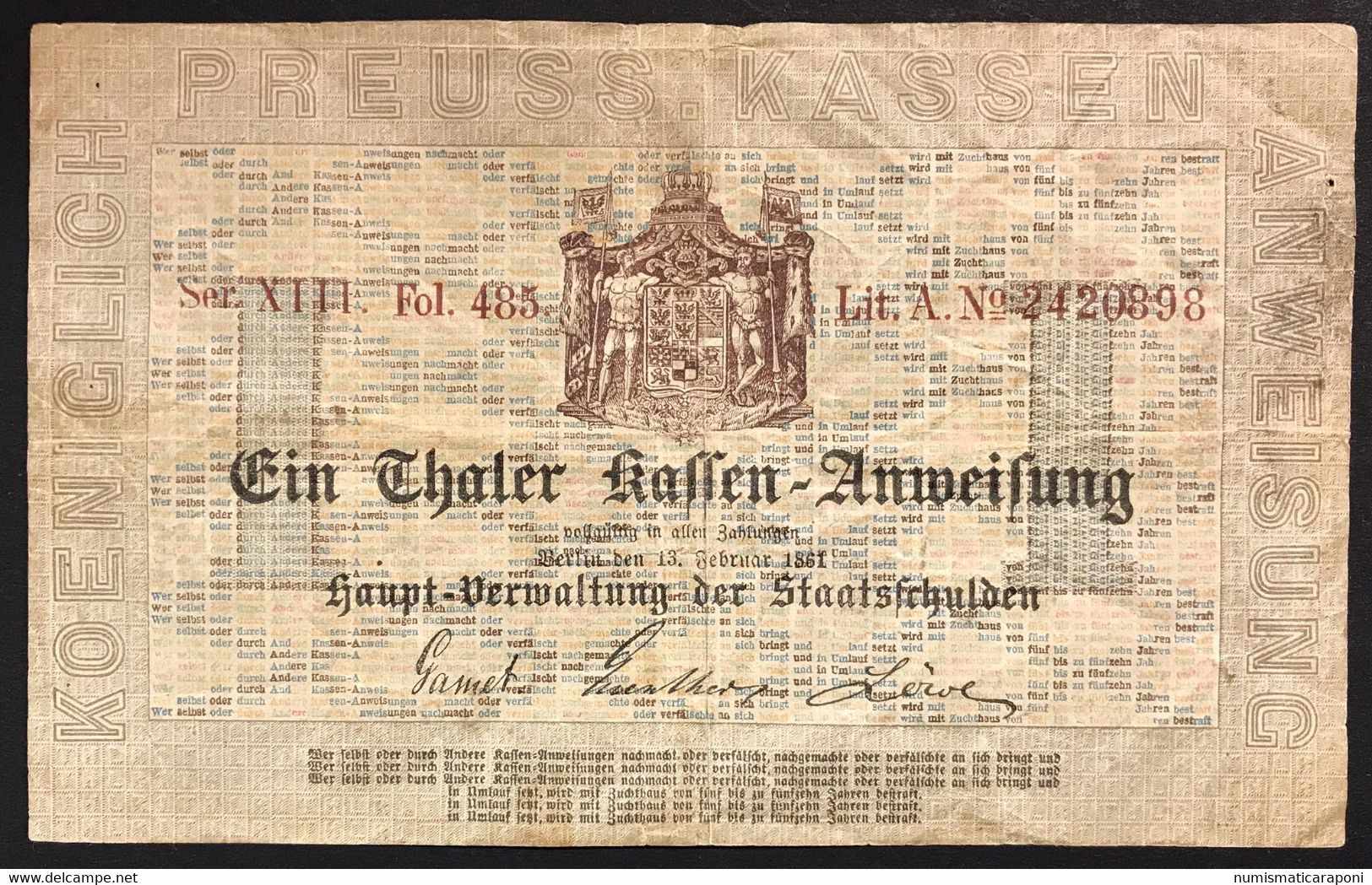 GERMANIA ALEMANIA GERMANY GERMAN STATE Kingdom Of Prussia 1 Thaler 13.2.1861 Pick#S411  LOTTO 3787 - [ 1] …-1871 : Stati Tedeschi
