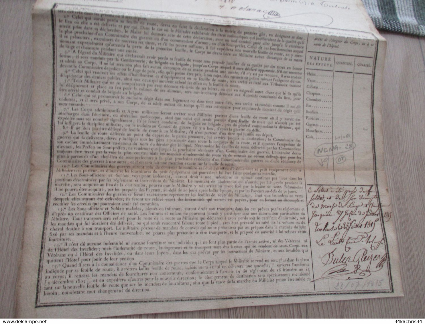 Cabiron 4 ème Escadron Du Train D'artillerie Feuille De Route Toulouse à St Dalmas Aveyron 1815 Signée Clarac - Documents