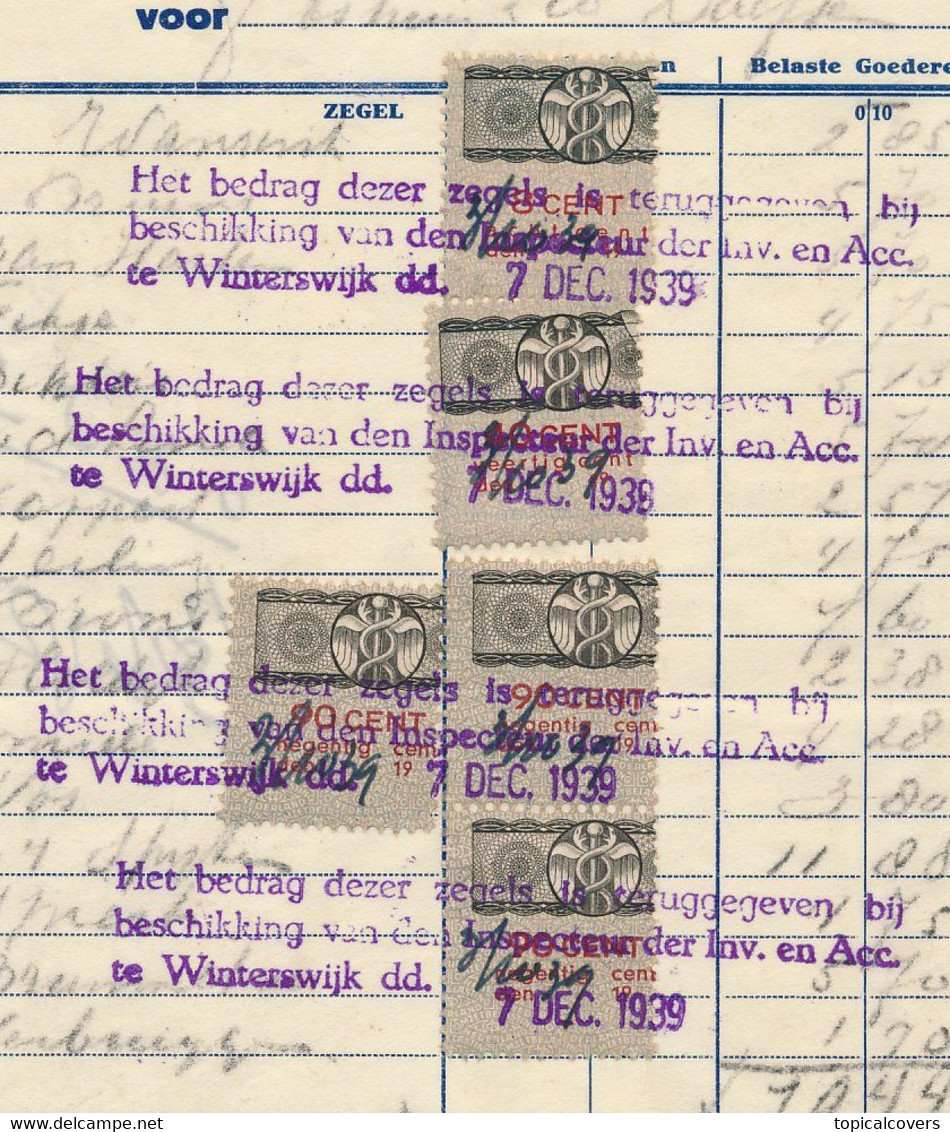 Rekening Zelhem 1939 - Omzetbelasting Zegels / Stempel Betreffende Teruggave - Revenue Stamps