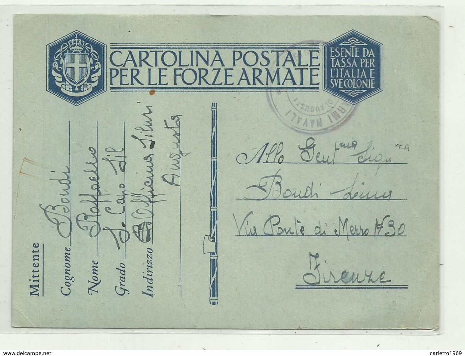 CARTOLINA  FORZE ARMATE - OFFICINA SILURI ARMI NAVALI 1942 - AUGUSTA - Franchigia