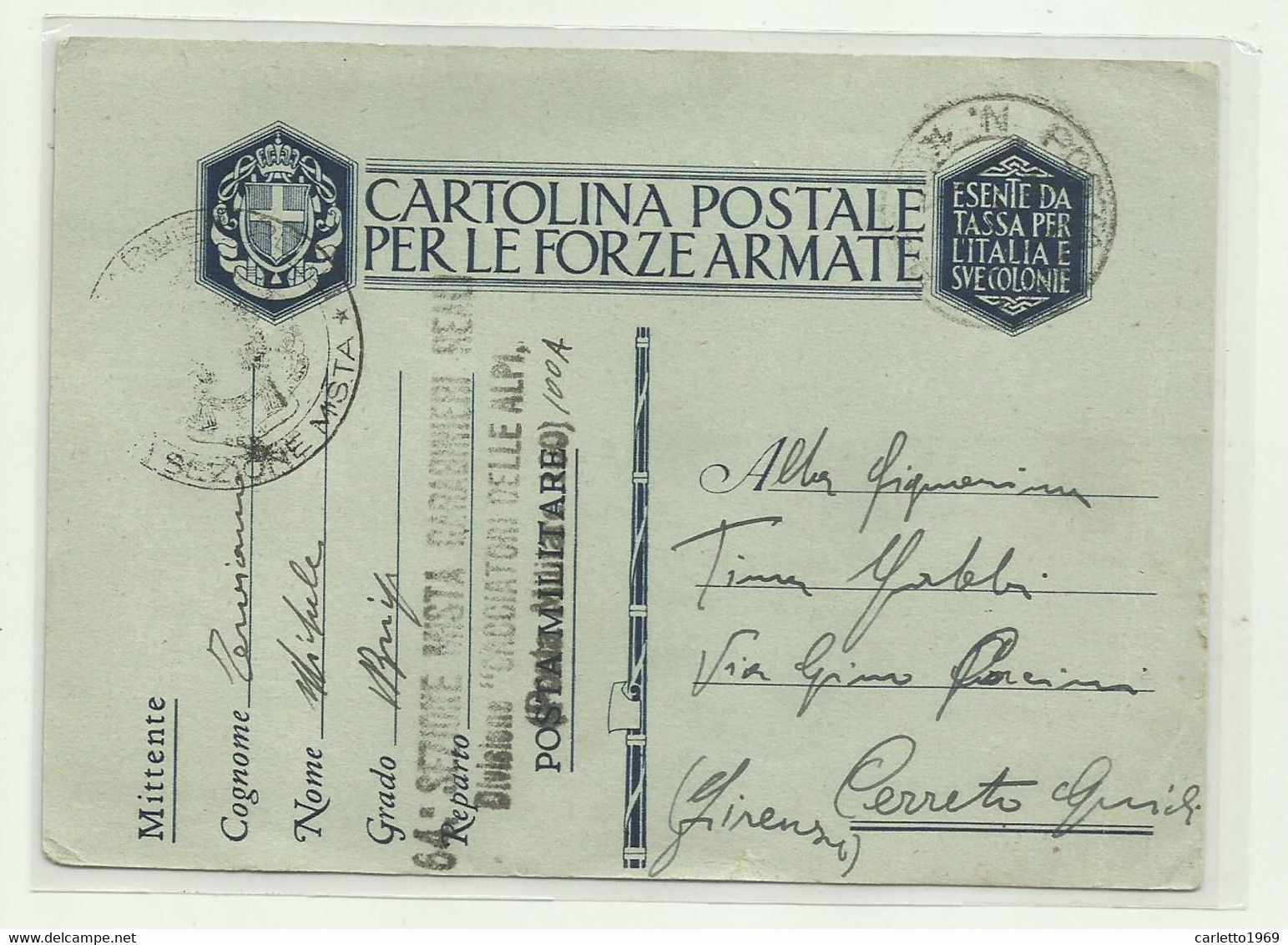 CARTOLINA FORZE ARMATE - 64 SEZIONE MISTA CARABINIERI REALI DIVISIONE CACCIATORI DELLE ALPI - PM 100A  1941 - Stamped Stationery