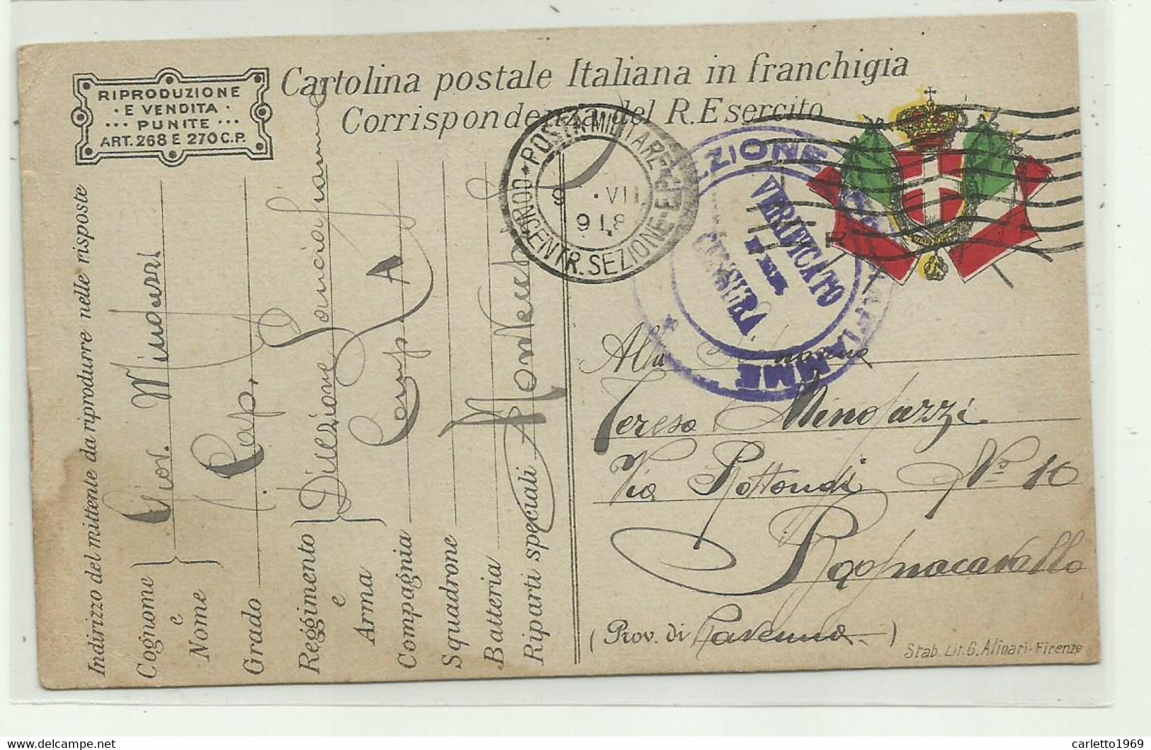 FRANCHIGIA REGIO ESERCITO - DIREZIONE LANCIAFIAMME COMPAGNIA A - MONTECCHIO EMILIA 1918 - Zonder Portkosten