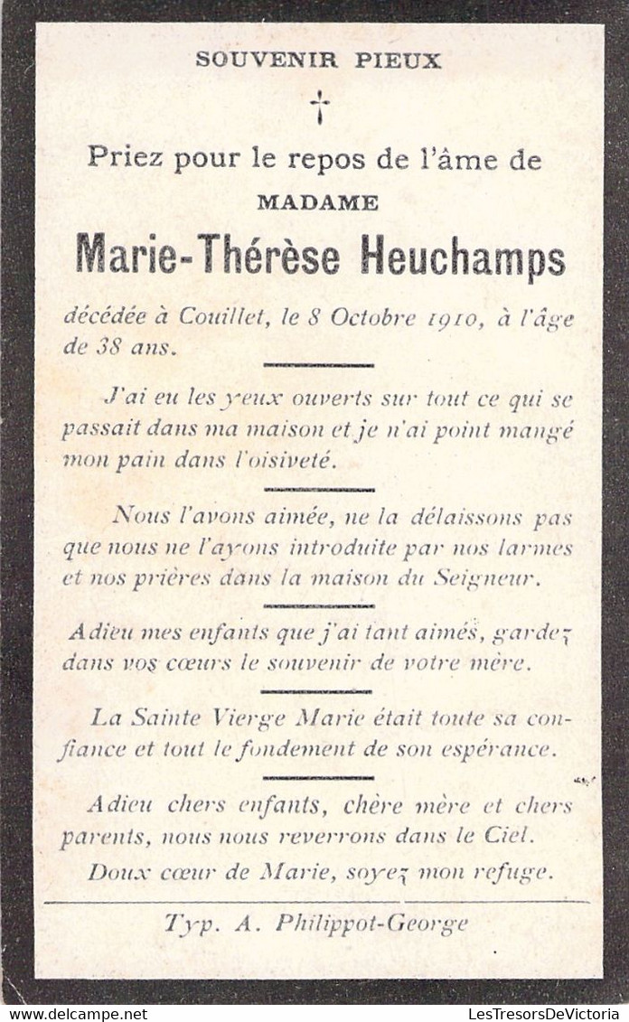 Faire Part De Déces Marie Thérèse Heuchamps Décédée à Couillet En 1910 - 7x11cm - Avvisi Di Necrologio