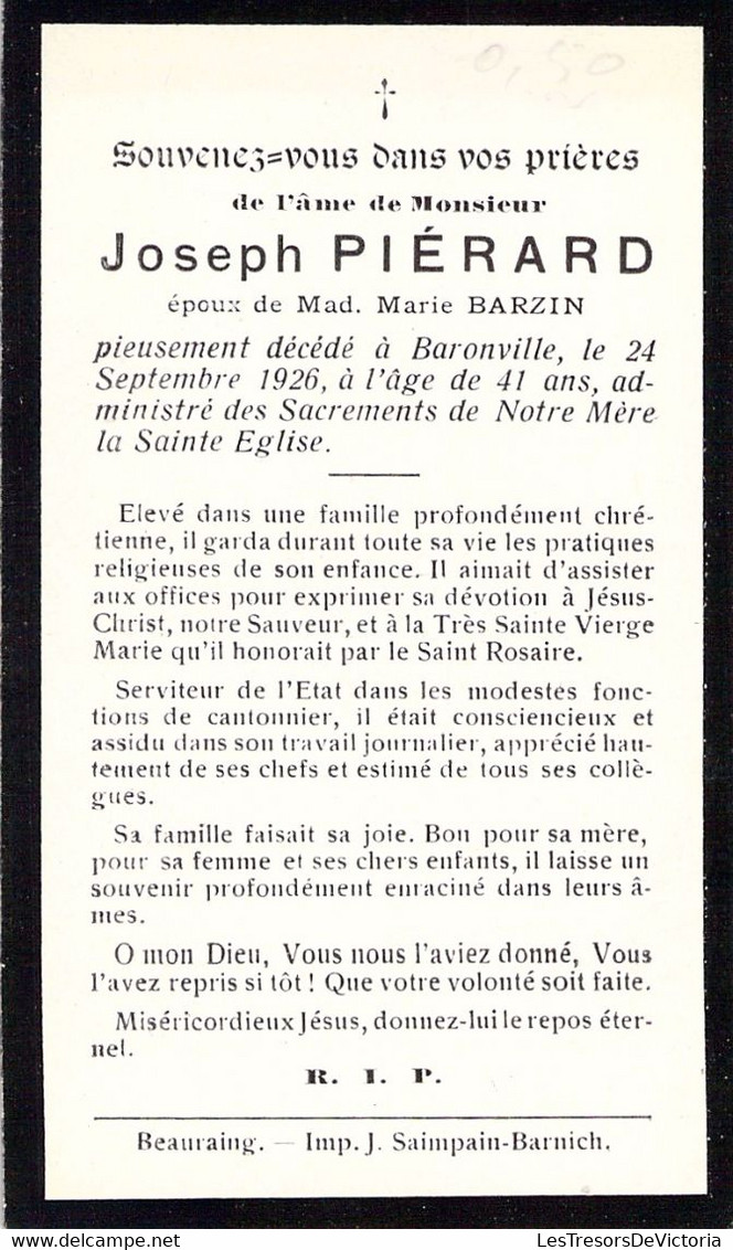 Faire Part De Déces Joseph Piérard Décédé à Baronville En 1926 - 7x11cm - Avvisi Di Necrologio