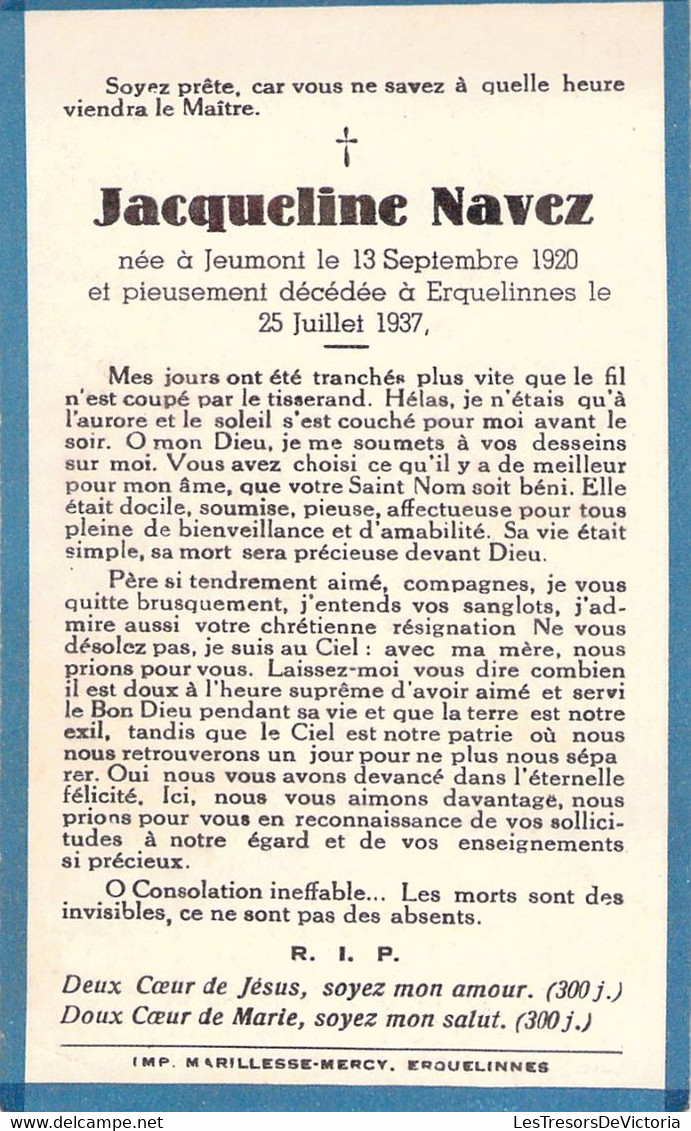 Faire Part De Déces Jacqueline Navez Décédée à Erquelinnes En 1937 - 7x11cm - Avvisi Di Necrologio