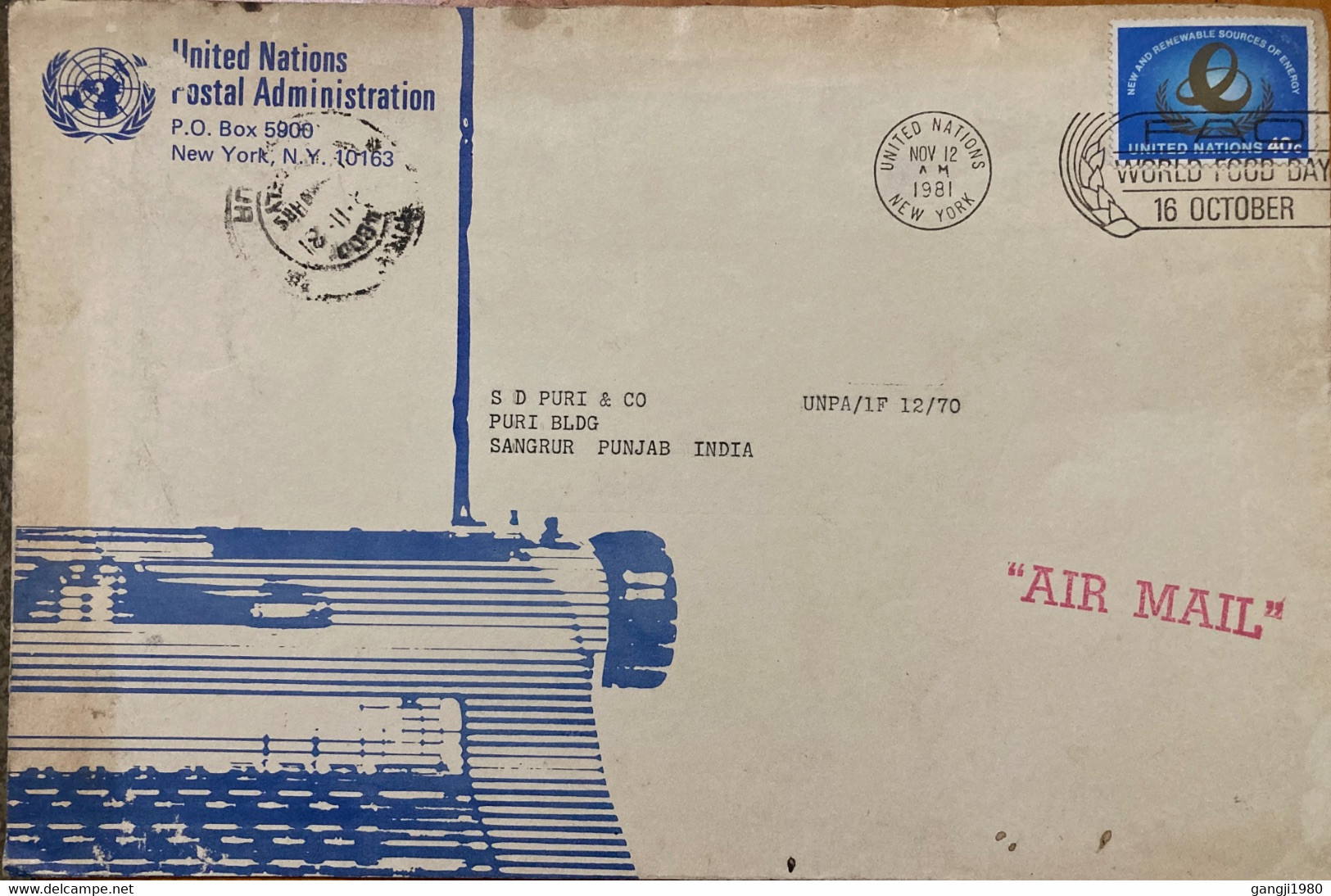 UNITED NATION 1981, WORLD FOOD DAY -16 OCTOBER,SLOGAN ,TYPEWRITER MACHINE,SOURCE OF ENERGY STAMP - Brieven En Documenten