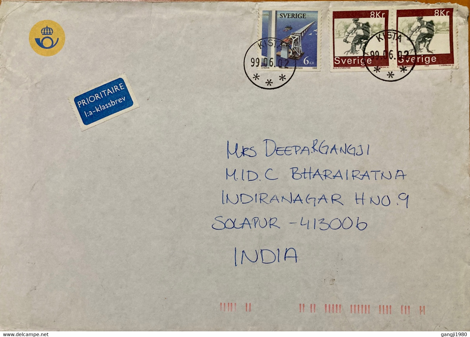 SWEDEN 1999, CYCLE ,CYCLIST ,BRIDGE,WATER 3 STAMPS,AIRMAIL COVER TO INDIA 22 KR RATE - Brieven En Documenten