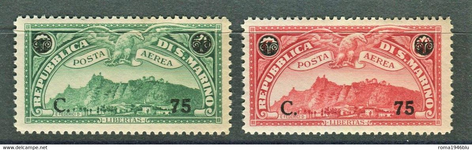 SAN MARINO 1936 POSTA AEREA SOPRASTAMPATA  2 V. CENTRATI ** MNH - Luftpost