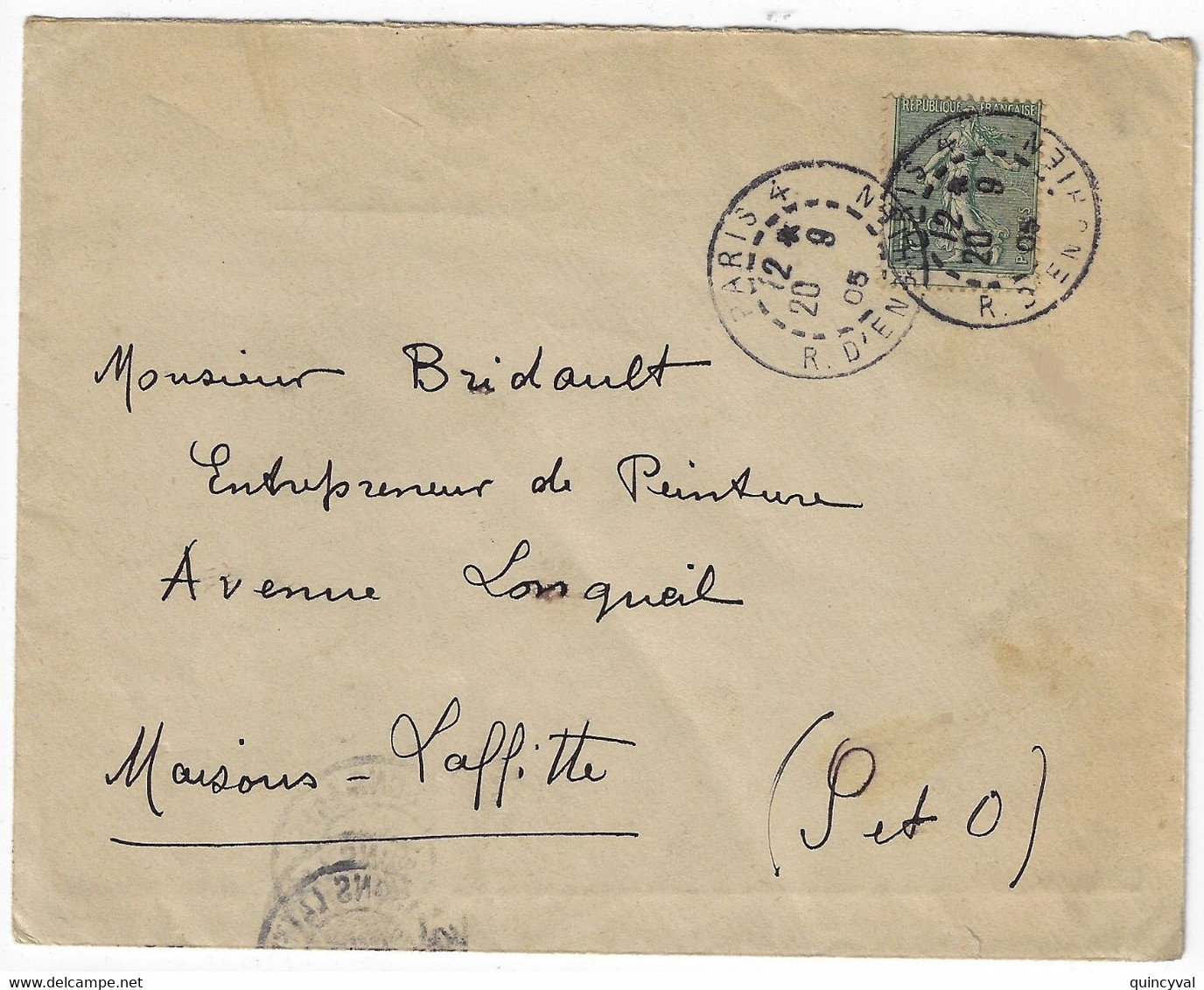 PARIS 4 R D'Enghien Lettre 15c Semeuse Lignée Verte Yv 130 Variété PIQUAGE DECALE EN BAS Ob 1905 Dest Maisons Laffitte - 1903-60 Sower - Ligned