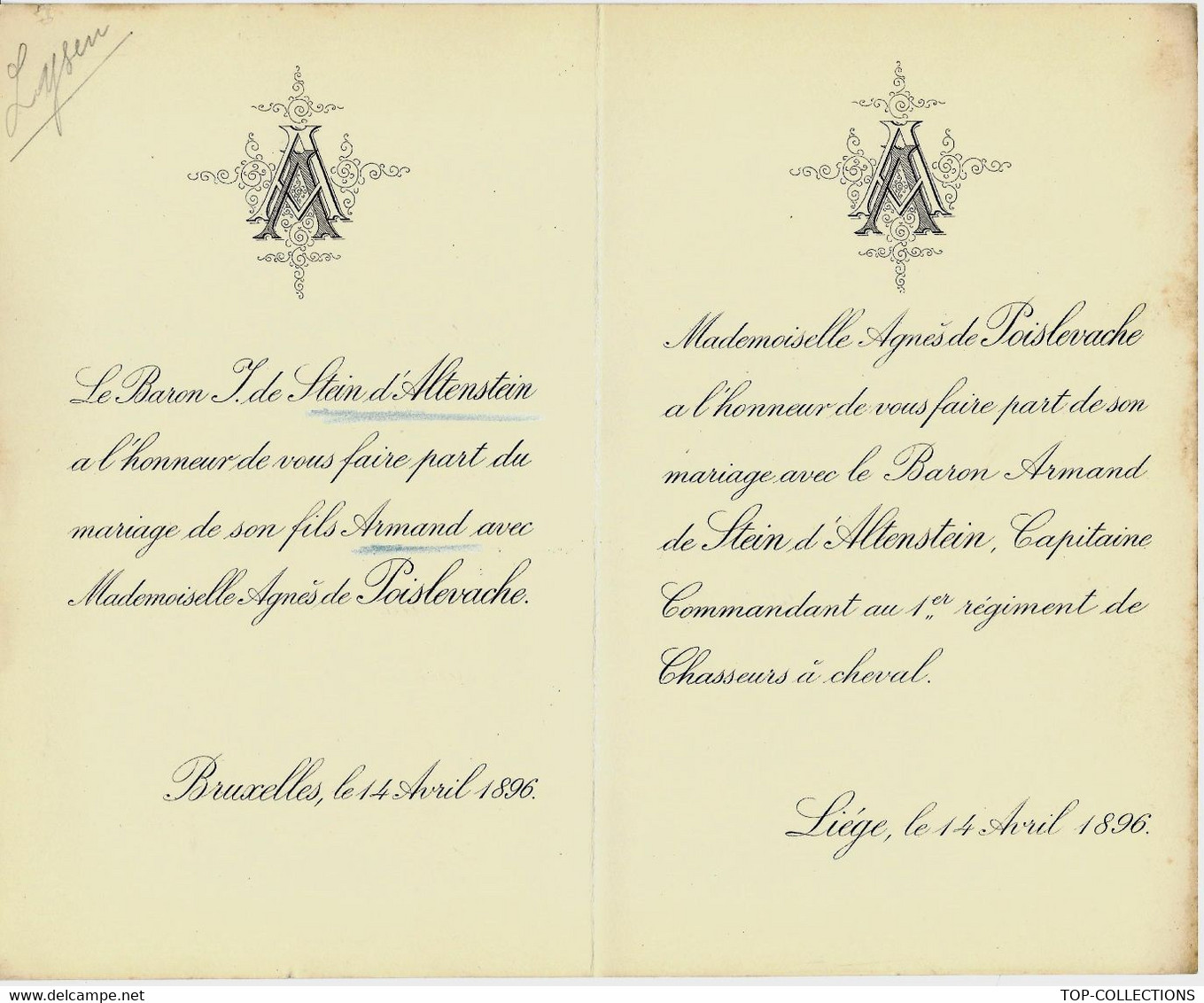 FAIRE PART DE MARIAGE BRUXELLES 14 AVRIL 1896 Mme De Poislevache Et Le Baron De Stein D’Altenstein  B.E - Wedding