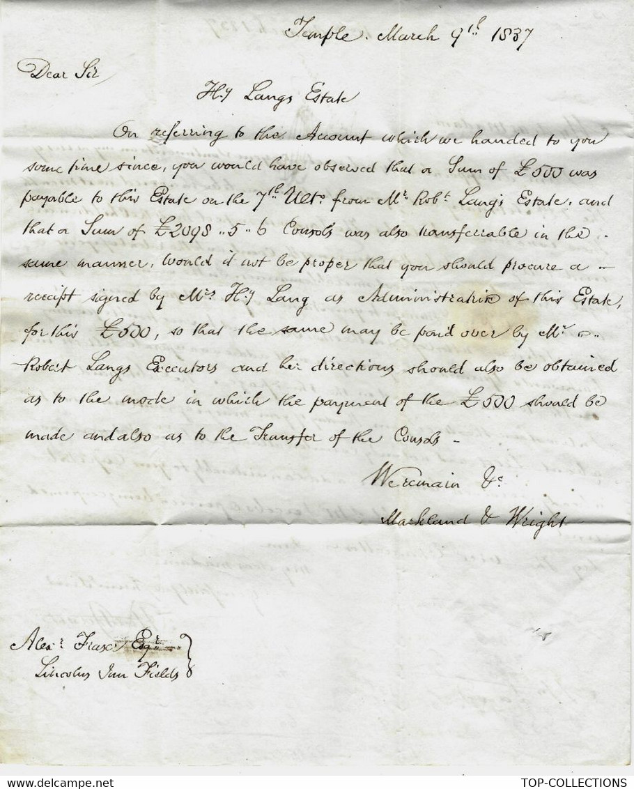 1837 de Londres LETTRE EN ANGLAIS AVOCAT DE LONDRES SUCCESSION pour Mme MARY ANN LANG rue faubourg St Honoré à PARIS