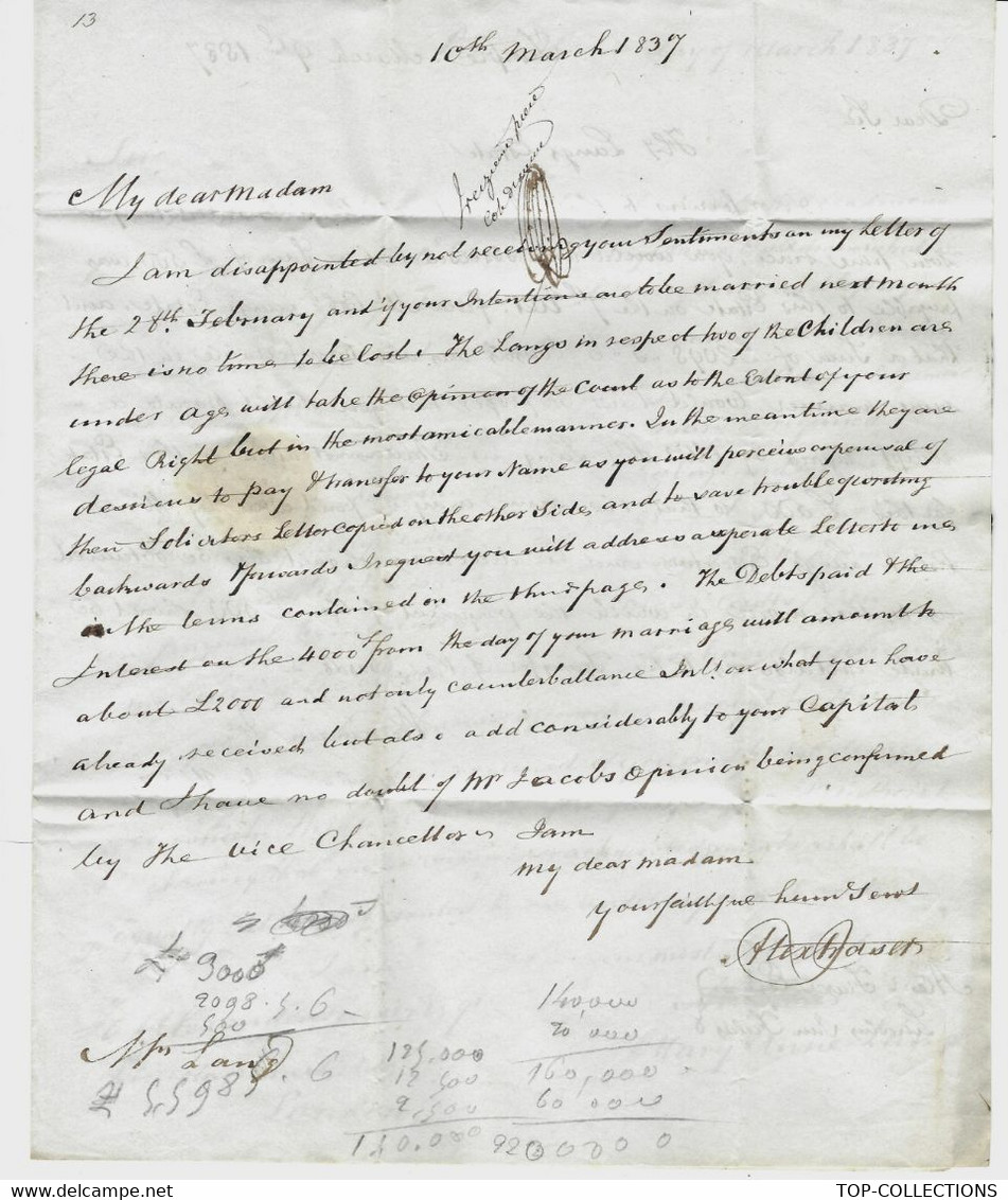 1837 de Londres LETTRE EN ANGLAIS AVOCAT DE LONDRES SUCCESSION pour Mme MARY ANN LANG rue faubourg St Honoré à PARIS