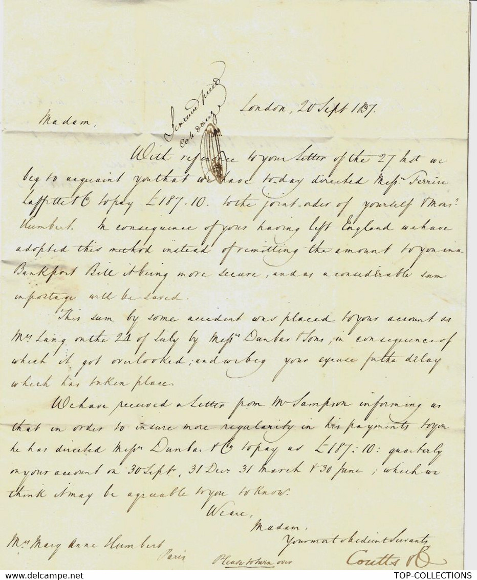 1837 LETTRE EN ANGLAIS AVOCAT DE LONDRES Pour Mr Et Mme MARY ANN HUMBERT Rue Faubourg St Honoré à PARIS - ...-1840 Voorlopers