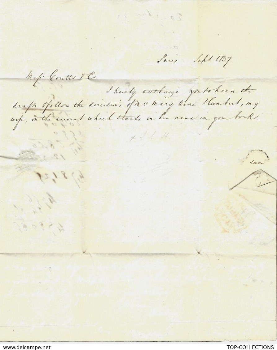 1837 LETTRE EN ANGLAIS AVOCAT DE LONDRES pour Mr et Mme MARY ANN HUMBERT rue faubourg St Honoré à PARIS